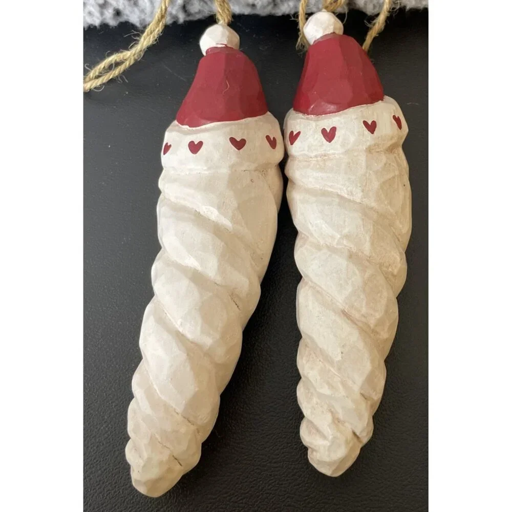 Wood Style Spiral Shaped Santa Claus Holiday Christmas Ornaments Set Of 2 Hearts